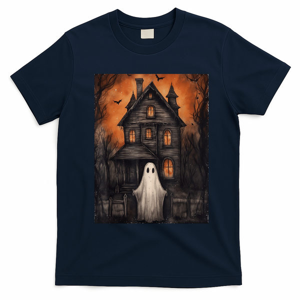Vintage Ghost Haunted House Halloween Spooky T-Shirt - Navy Blue