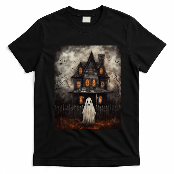 Vintage Ghost Haunted House Midnight Halloween Ghost Spooky T-Shirt - Black