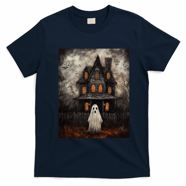 Vintage Ghost Haunted House Midnight Halloween Ghost Spooky T-Shirt - Navy Blue