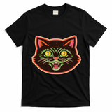 Vintage Retro Halloween Cat Face T-Shirt - Black