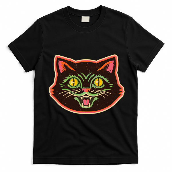 Vintage Retro Halloween Cat Face T-Shirt - Black