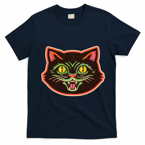 Vintage Retro Halloween Cat Face T-Shirt - Navy Blue