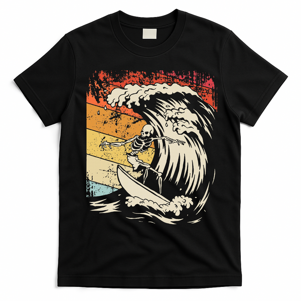 Vintage Surfing Skeleton Halloween Surfboard T-Shirt - Black