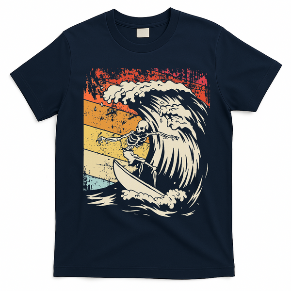 Vintage Surfing Skeleton Halloween Surfboard T-Shirt - Navy Blue