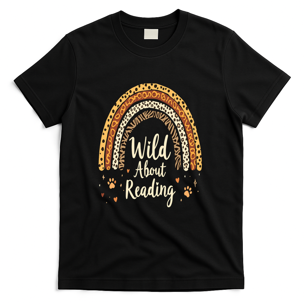 Wild About Reading Teacher Back to School Rainbow T-Shirt - Black