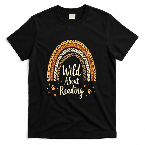 Wild About Reading Teacher Back to School Rainbow T-Shirt - Black