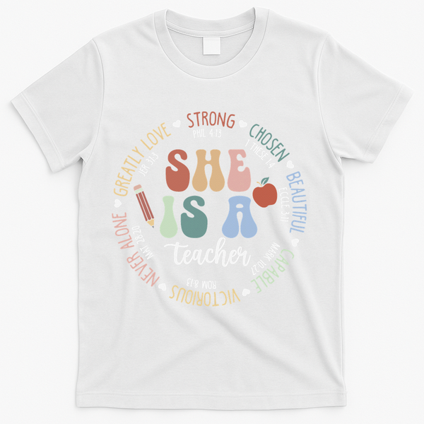 Women Bible Verse Christian Teacher God Says Back To School T-Shirt - White