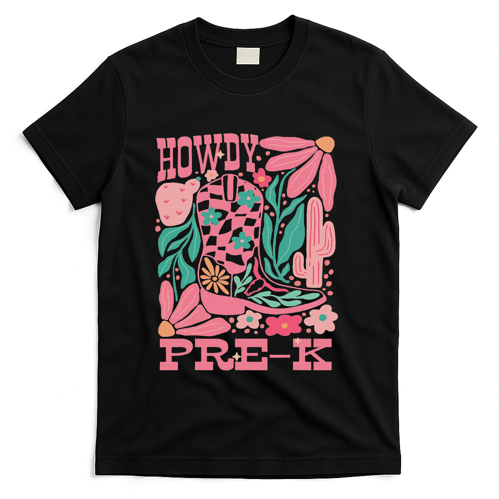 Western Howdy Pre K Back To School Preschool Teacher T-Shirt - Black