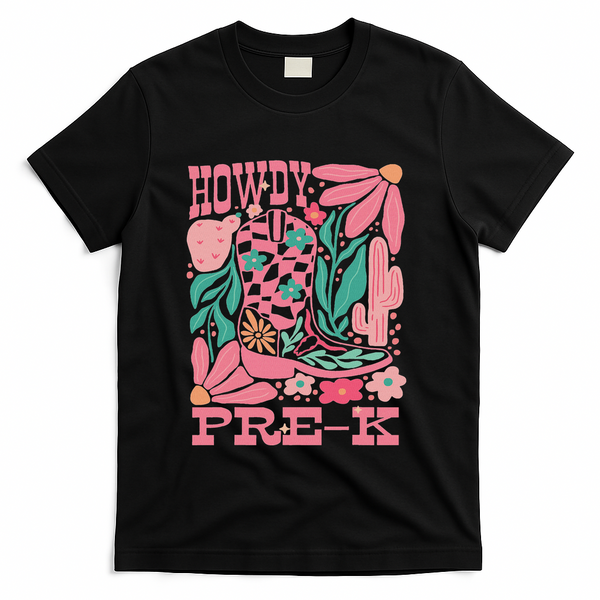Western Howdy Pre K Back To School Preschool Teacher T-Shirt - Black