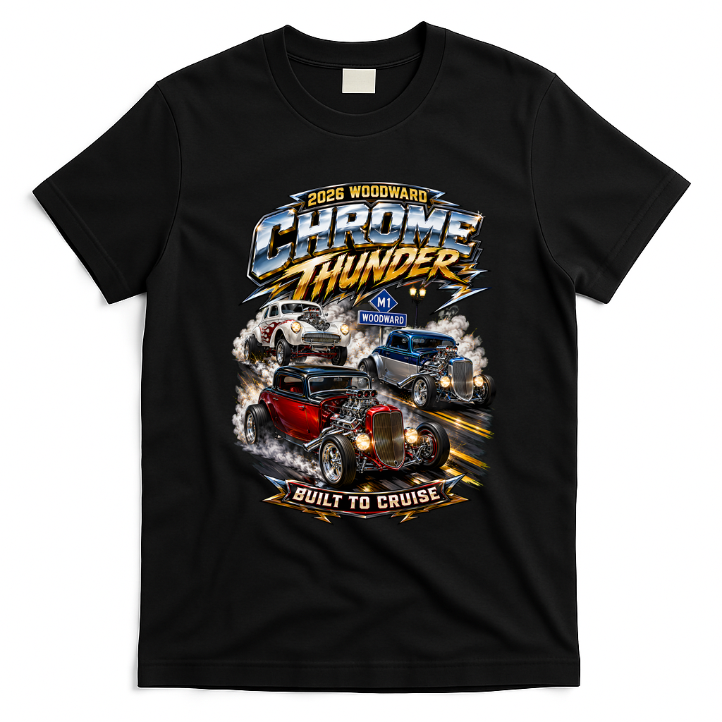 Chrome Thunder On Woodward Built To Cruise 2026 T-Shirt - Black