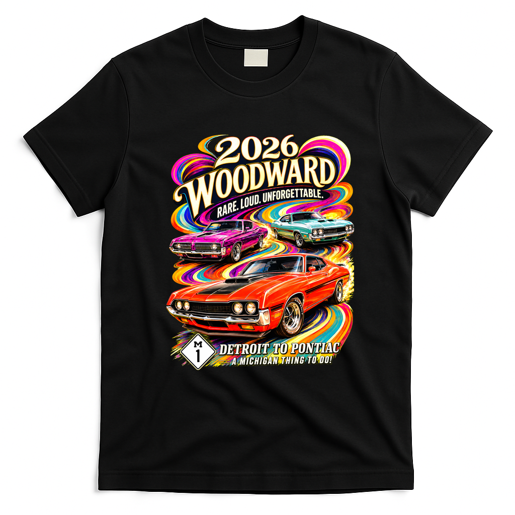 2026 Groovy Woodward Detroit To Pontiac Car Show T-Shirt - Black