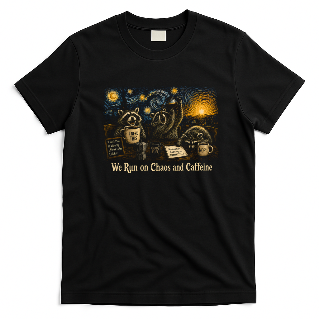We Run On Chaos And Caffeine Raccoon Funny T-Shirt - Black