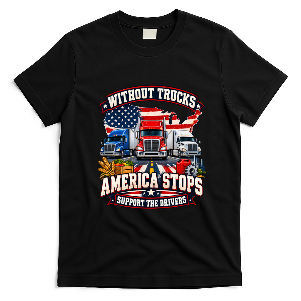Without Trucks America Stops Support The Drivers Truckers Strike T-Shirt - Black
