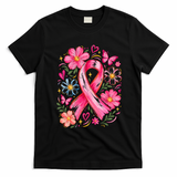 We Wear Pink Ribbon Breast Cancer Awareness Floral Boho Daisy Gift T-Shirt - Black