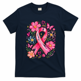 We Wear Pink Ribbon Breast Cancer Awareness Floral Boho Daisy Gift T-Shirt - Navy Blue