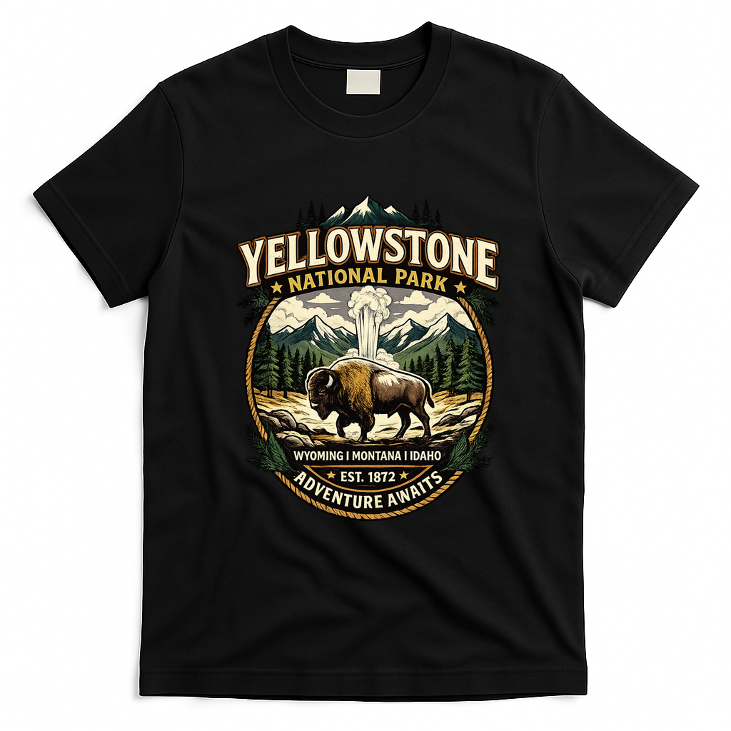 Yellowstone National Park Adventure Awaits Bison Badge T-Shirt - Black