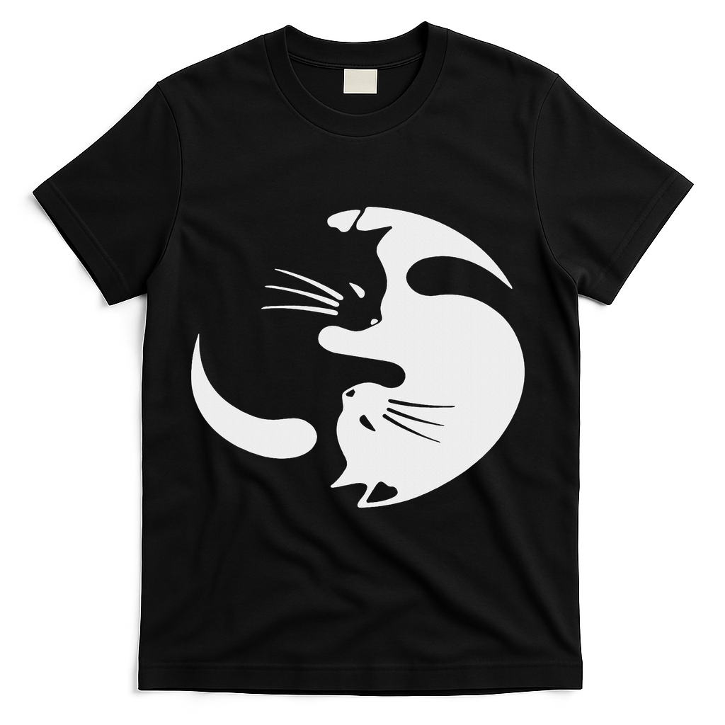 Yin Yang Cat Symbol Cute Black And White Cat Kitty Halloween T-Shirt - Black